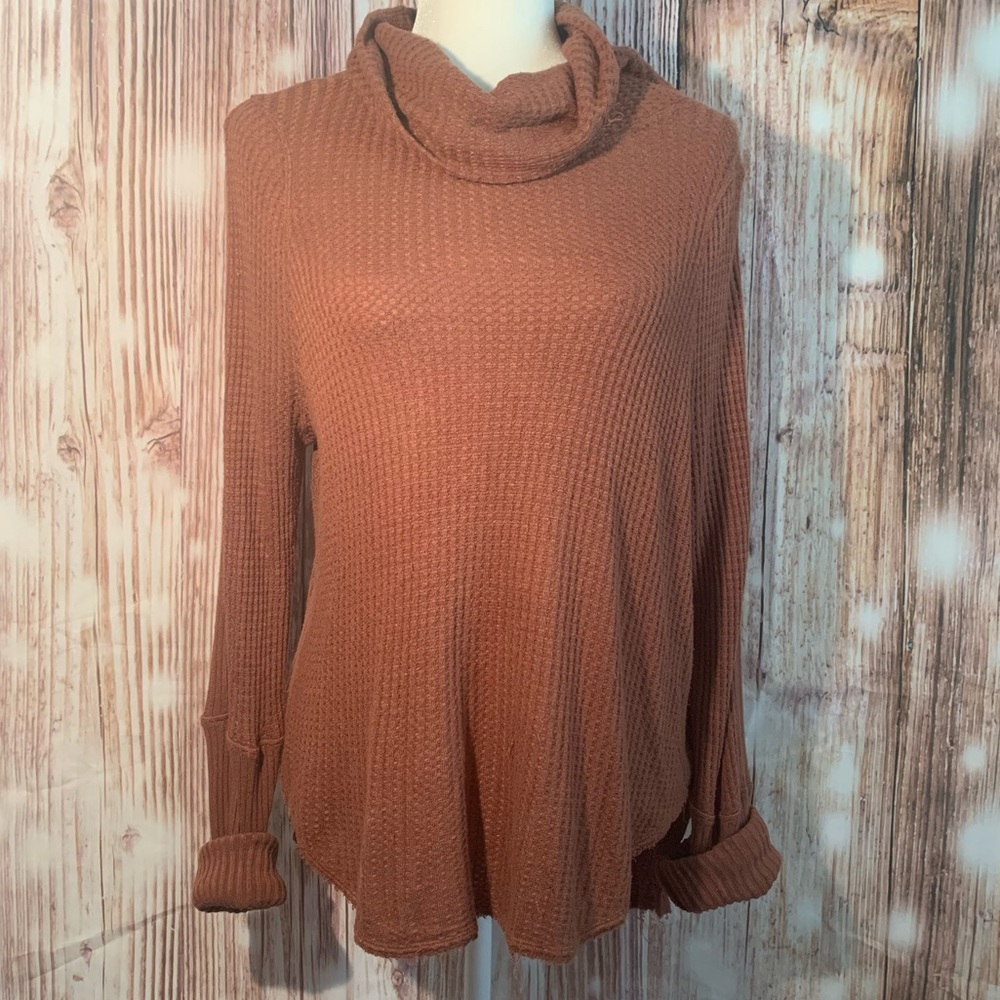WE THE FREE free people pumpkin colored thermal waffle knit turtleneck t…